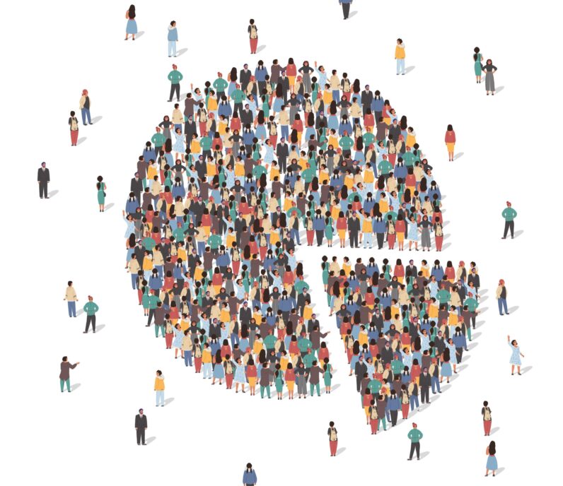 Large group of people forming pie chart standing together, flat vector illustration. People crowd gathering. Statistics, population demographics.